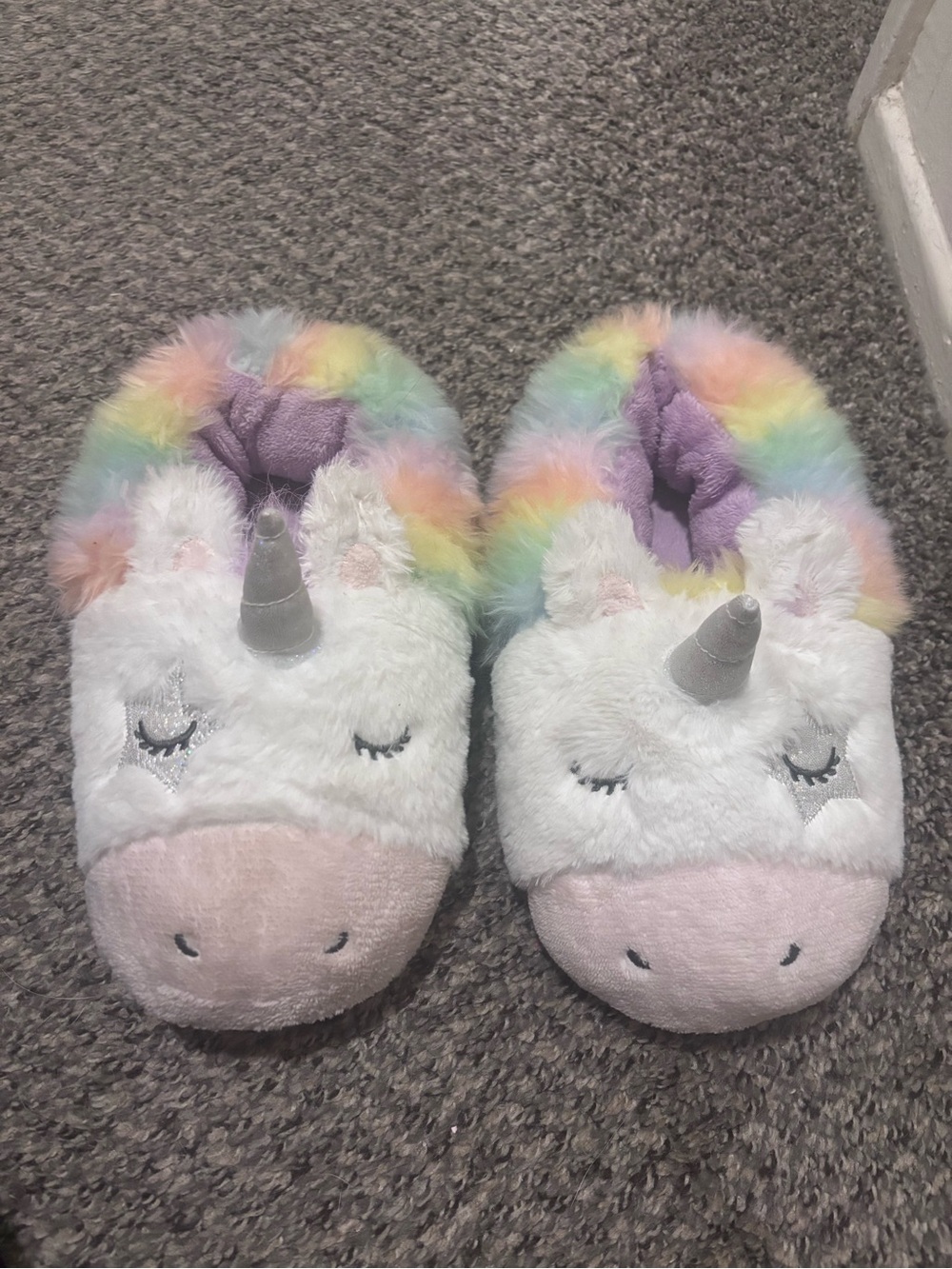Girls Rainbow Unicorn Plush Slippers - Pastel